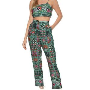 Farm Rio Green Floral Palm Tree Print Casual Pants Size PP
